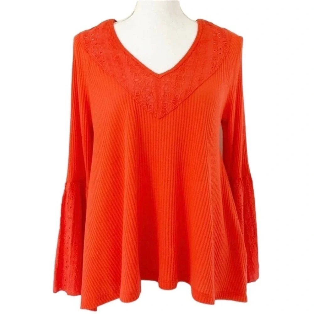 Free People NWT Boho Bell Sleeve Waffle Textured Blouse Orange Parisian Size XS